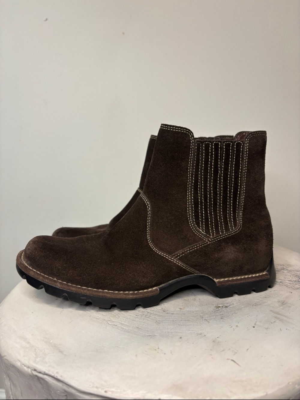Cole Haan Waterproof Suede Chelsea Boots Rugged Chocolate Brown Contrast Stitch